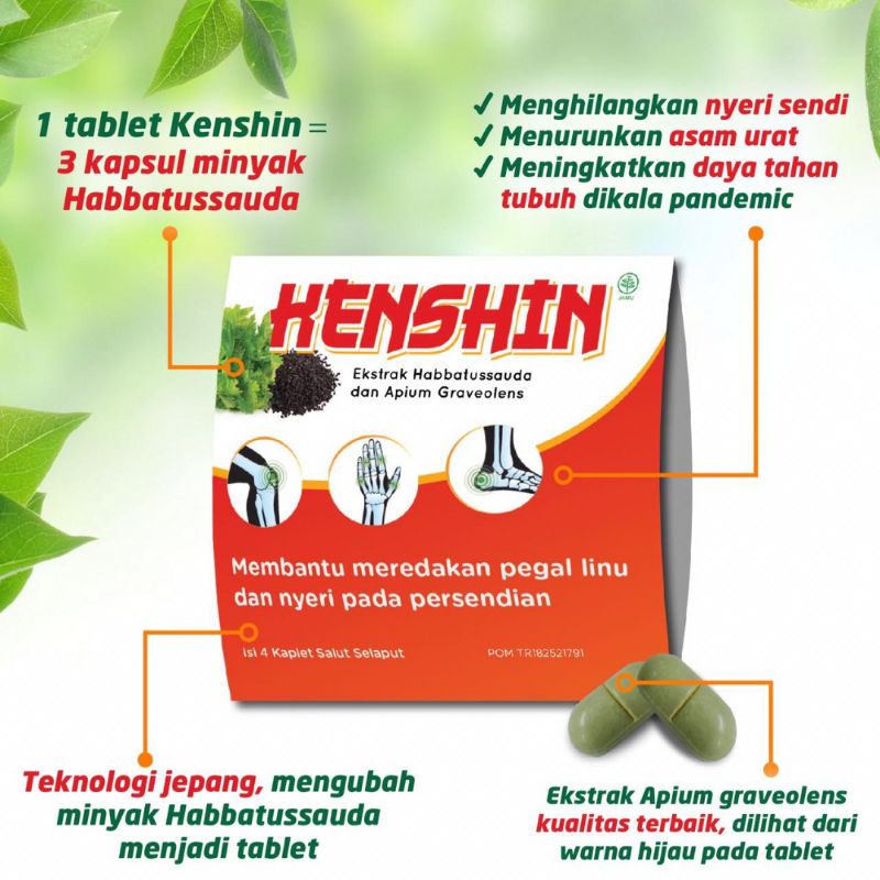 

KENSHIN HERBAL Asam Urat Nyeri Sendi & Meningkatkan imun Tubuh / 1 strip isi 4 kaplet