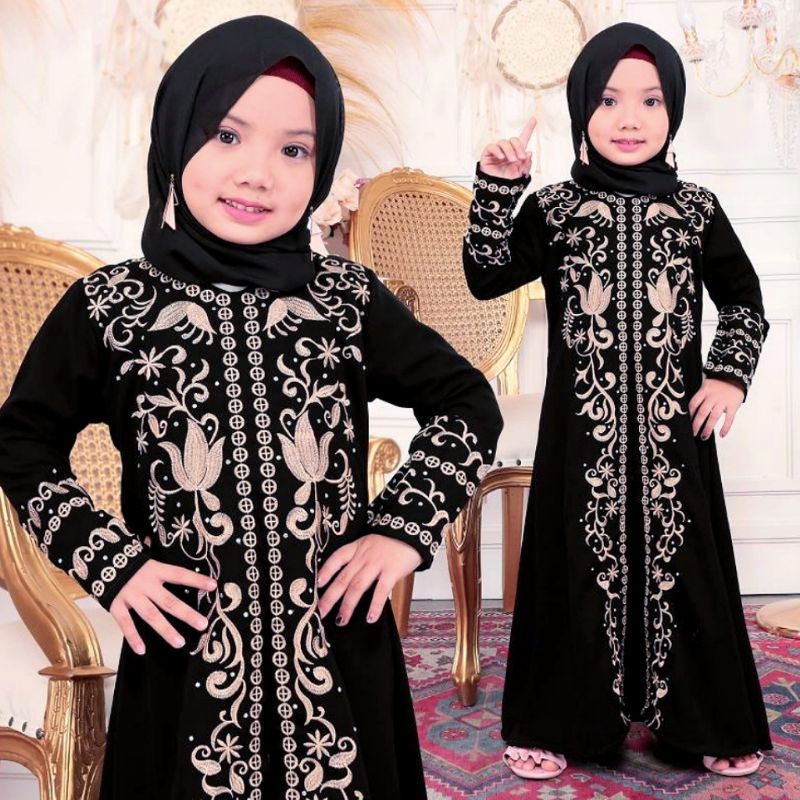 Abaya Anak Perempuan Bahan Jetblack Bordir Bertabur Mata2 - Turkey 1227 Gold