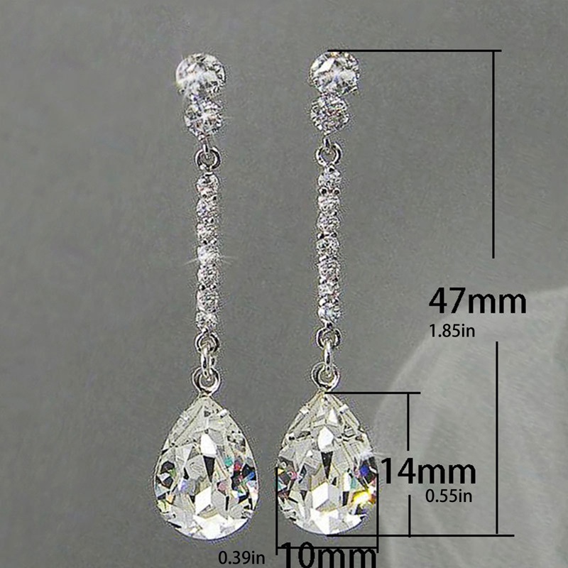 Anting Juntai Bentuk Water Drop Cubic Zirconia Kristal Warna Silver Untuk Wanita