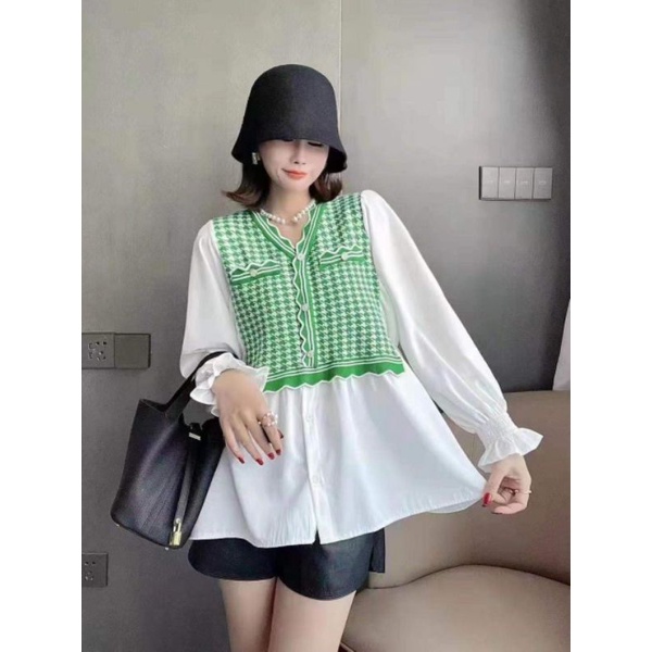 Blouse Wanita, Blouse Korea, Blouse Kombinasi Katun Rajut, Atasan Wanita Import, Baju wanita, Baju K