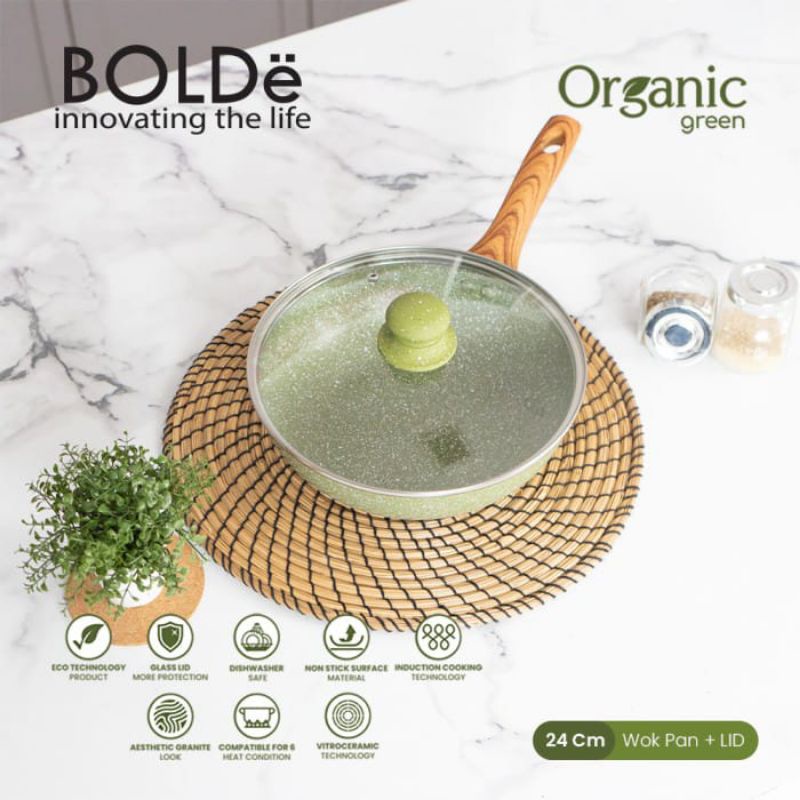 BOLDe Organic Green Wok Pan 24 cm + Glass Lid