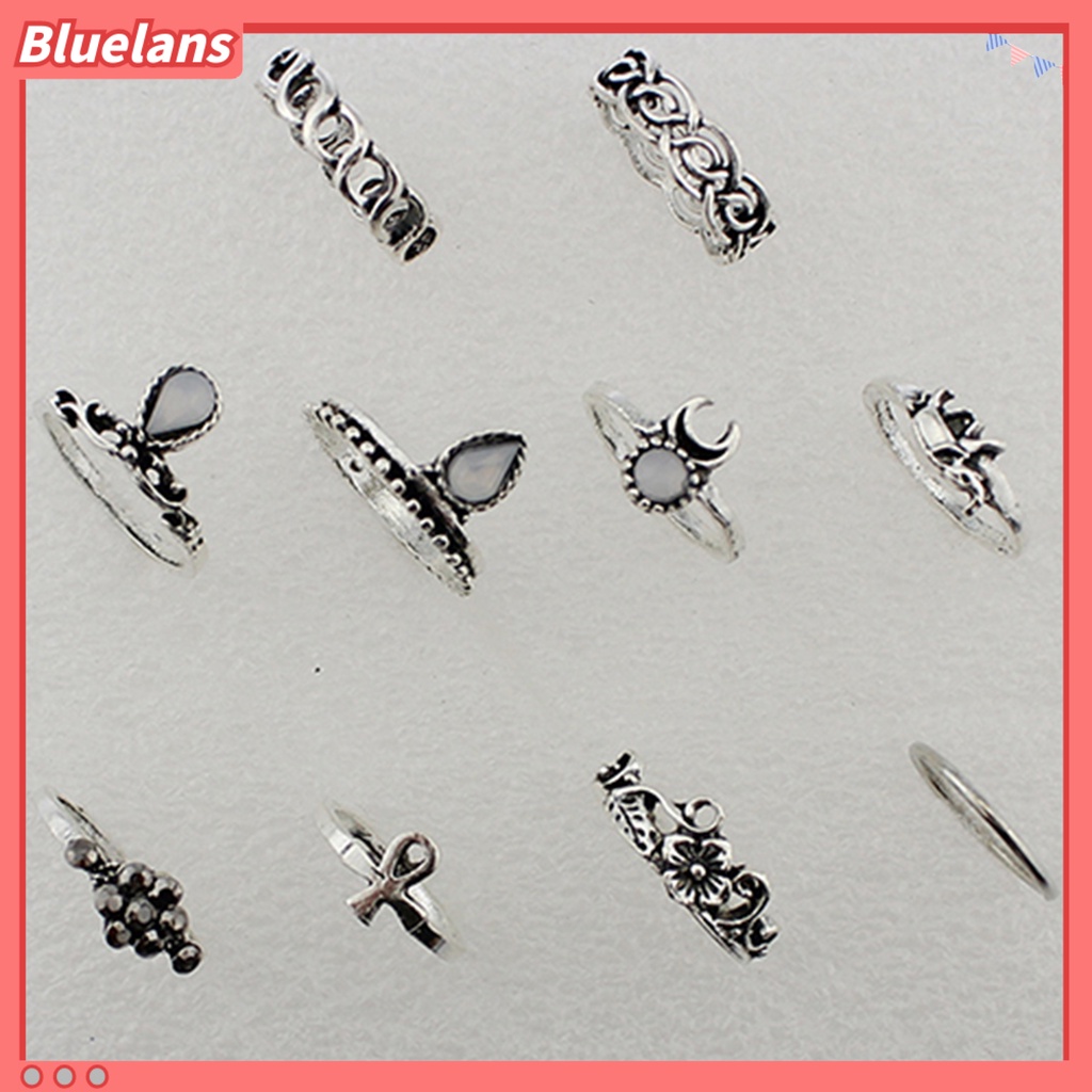 Bluelans 10Pcs Knuckle Finger Rings Vintage Anti-rust Flower Hollow Women Jewelry