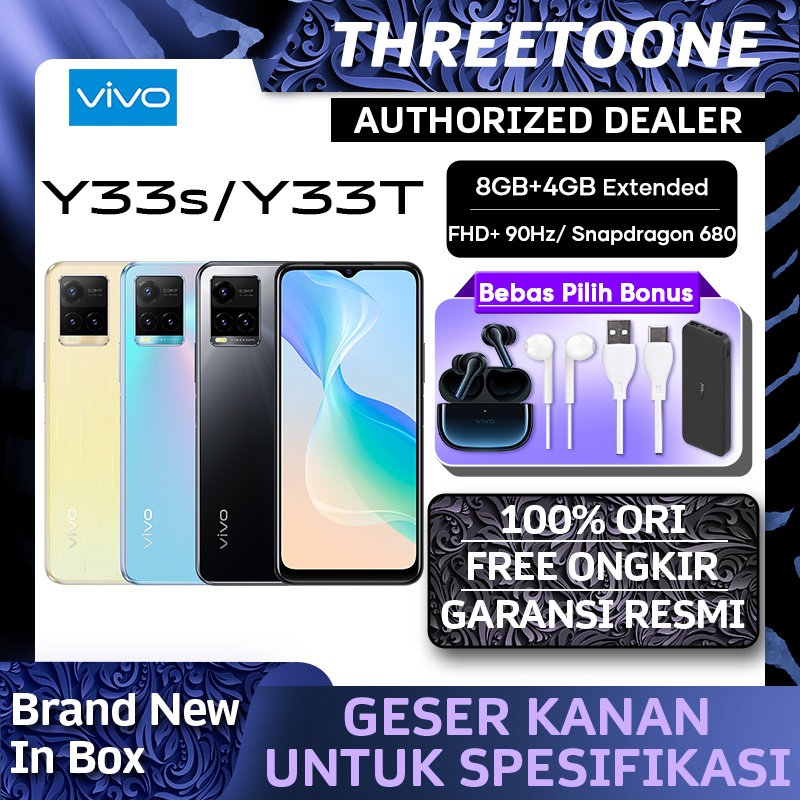 Vivo Y33S Y33T 2022 8/128GB RAM 8GB+4GB Extended ROM 128GB Helio G80 Gaming  Eksternal hingga 1TB 6,58 inci 50MP Garansi Resmi Original Termurah Handphone baru 2022 Vivo Y35