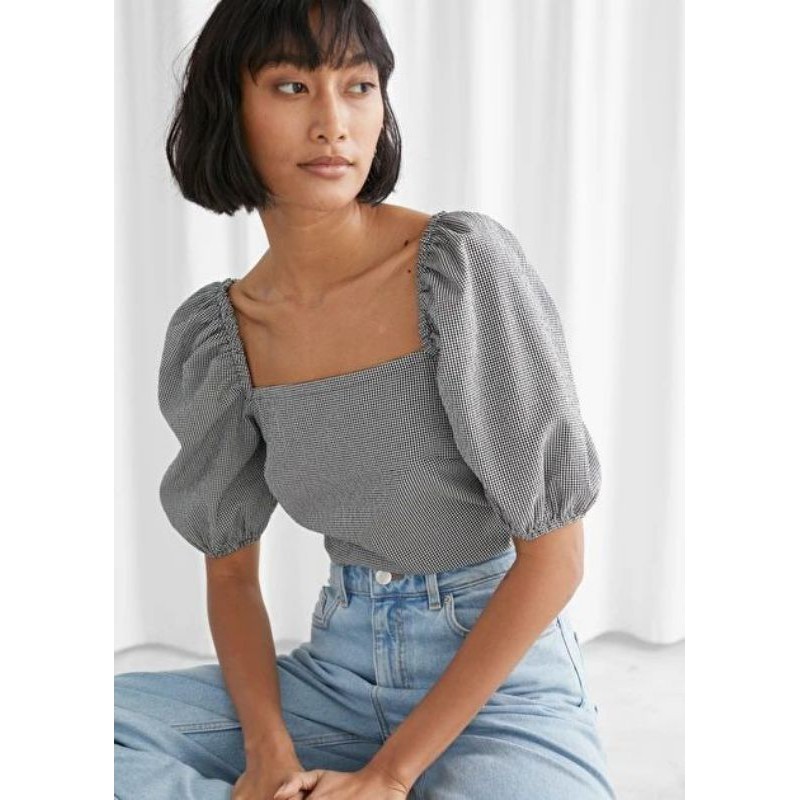 Ciara Gingham Puff Sleeve | abbey_id | Crop Top Square Neck Linen Blouse