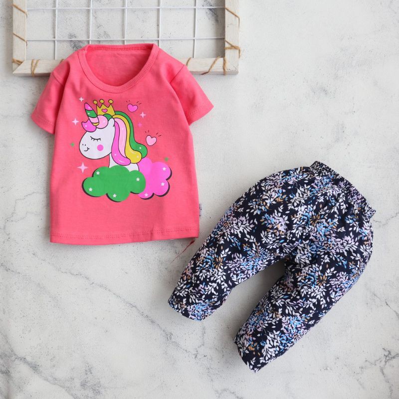 Setelan Baju Celana Anak Perempuan Usia 0-12 bulan Motif Crown Unicorn