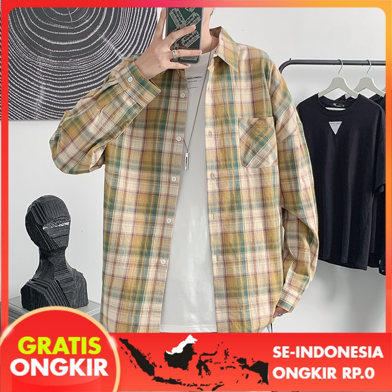 Kemeja Pria  Tipis Lengan Panjang Kemeja Kotak-kotak  Korea top  Casual