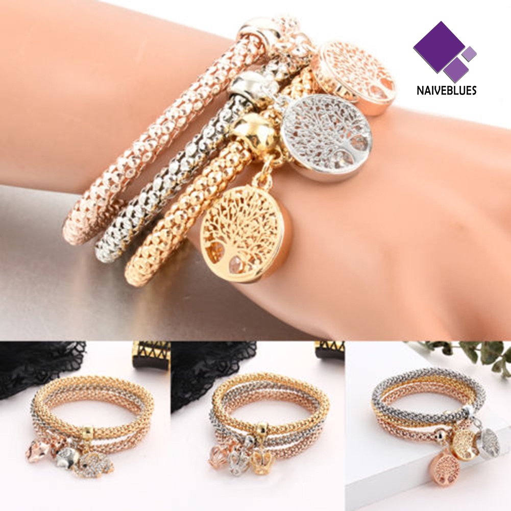 3pcs / Set Gelang Liontin Pohon Burung Hantu Aksen Berlian Imitasi Untuk Wanita