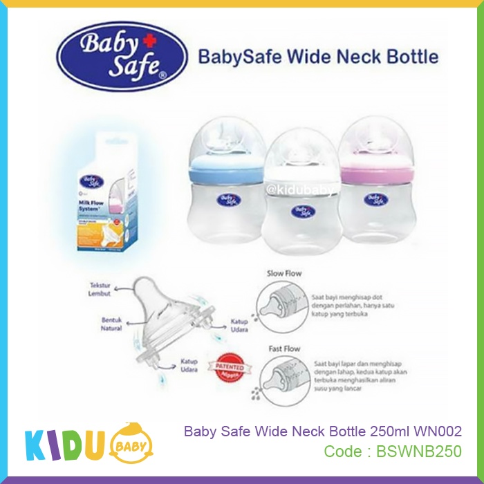 Baby Safe Botol Susu Bayi Anak Wide Neck Bottle 250ml WN002 Kidu Baby