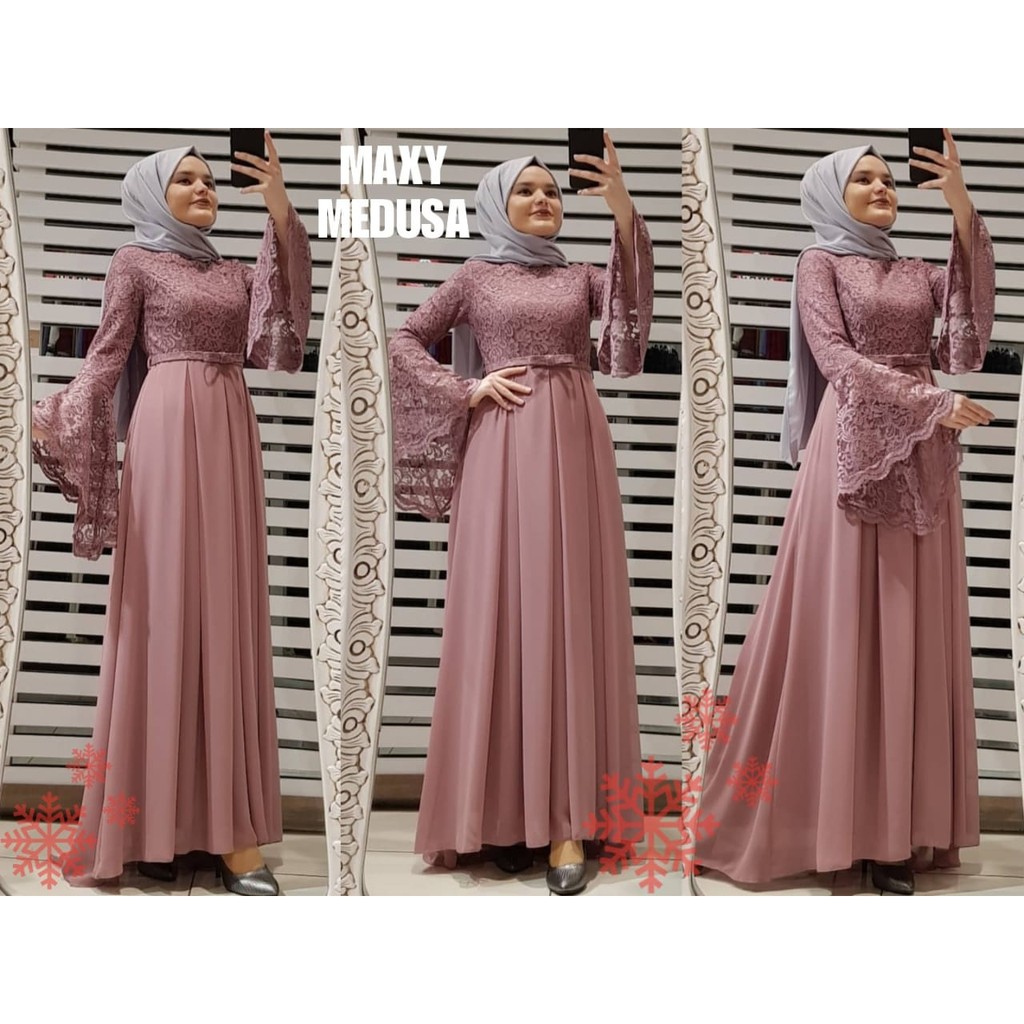 GAMIS BRUKAT MAXI MEDUSA TANGAN TEROMPET KOMBINASI JERSEY BRUKAT PREMIUN