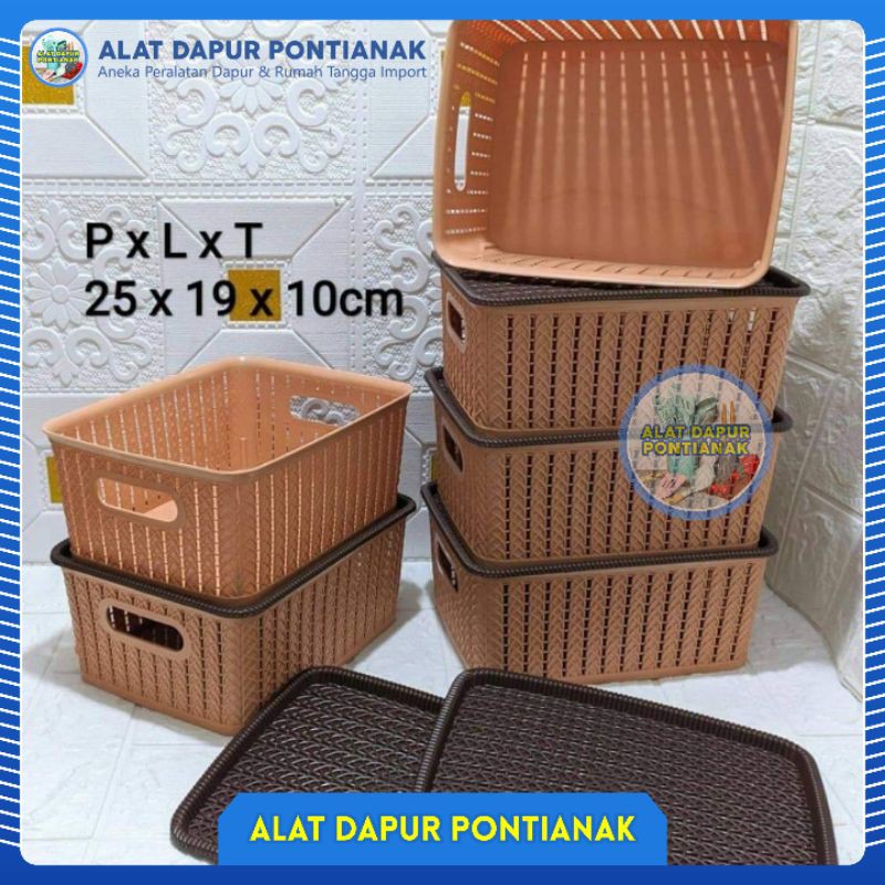 Set 6 PCS Keranjang Plastik Plus 6Pcs Tutup Serbaguna Motif Rotan Hamper Modern Multi Box CAPUCINO