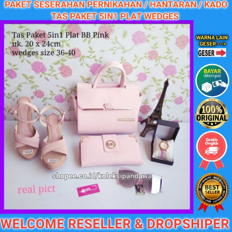 TAS WANITA PAKET SESERAHAN PERNIKAHAN JAM TANGAN DOMPET KACAMATA SANDAL WEDGES WANITA SENDAL WEDGES