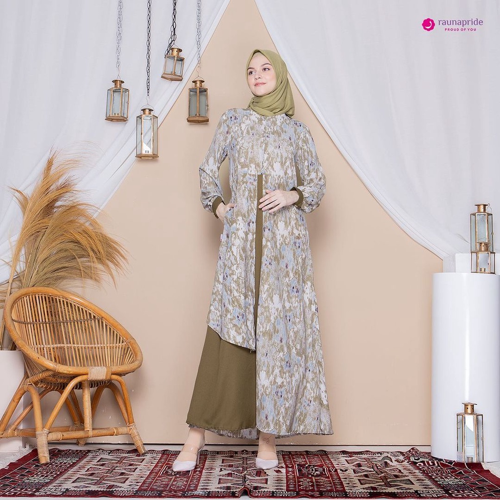 RAUNA GAMIS DEWASA RGF 03 A OLIVE Bahan Kazan Mix Luxury Stertch / Gamis Dewasa Rauna / RAUNAPRIDE