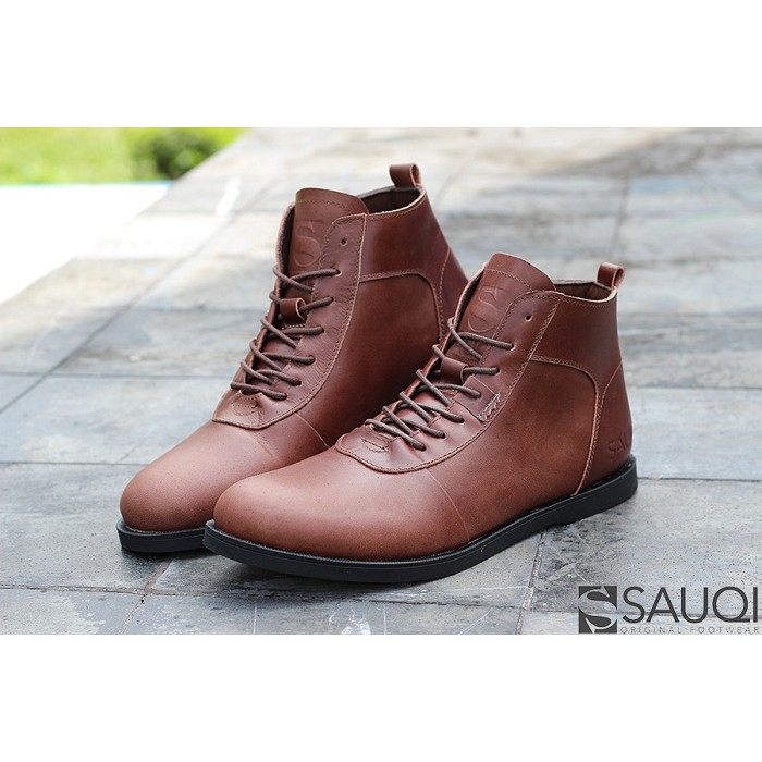 Sepatu Kulit Pria Sauqi Brd Racing Brown Boots Kerja Kantor