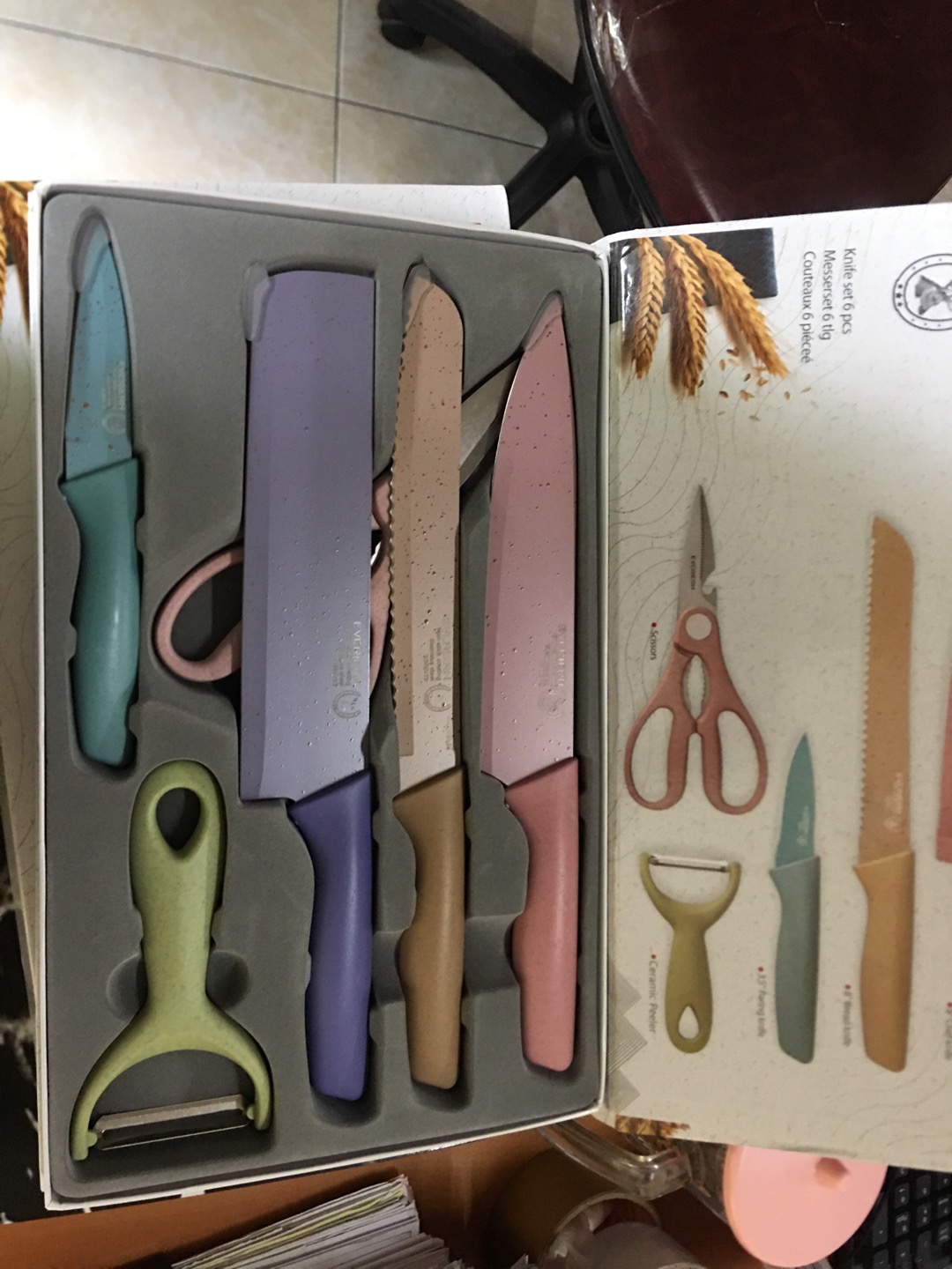 Pisau Set Dapur Kitchen Knife Rainbow Set 6pcs Warna Warni Parutan Peeler Pisau Roti Gunting