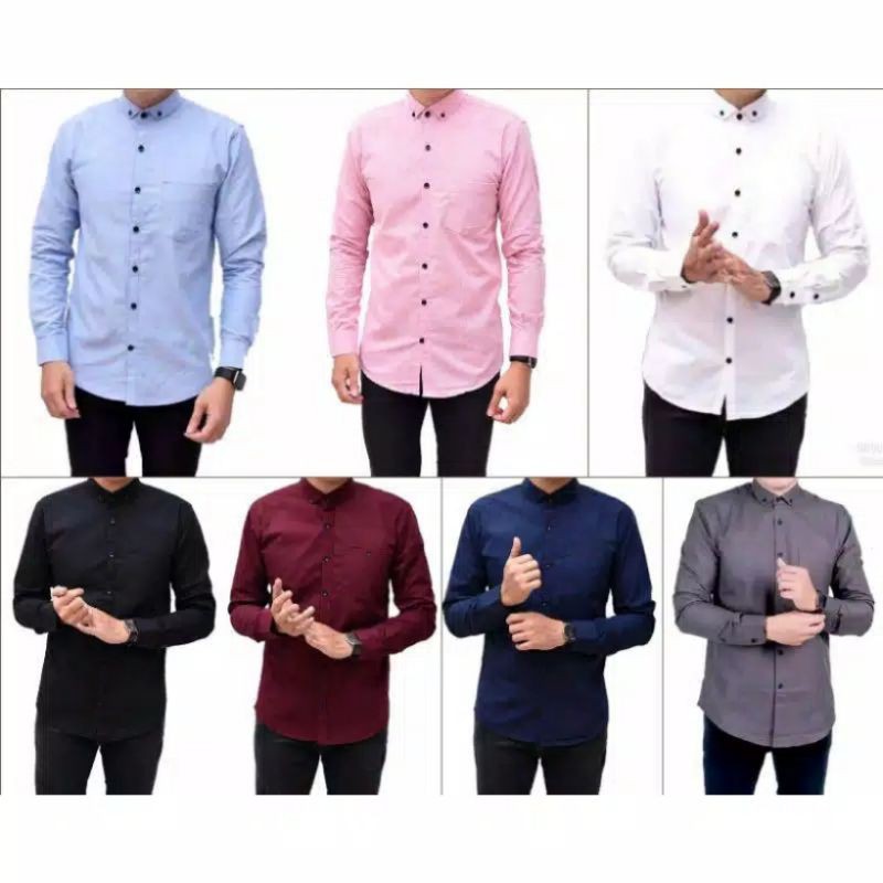 kemeja cowok polos pria lengan panjang slimfit hem pria kantor hitam navy putih maron army