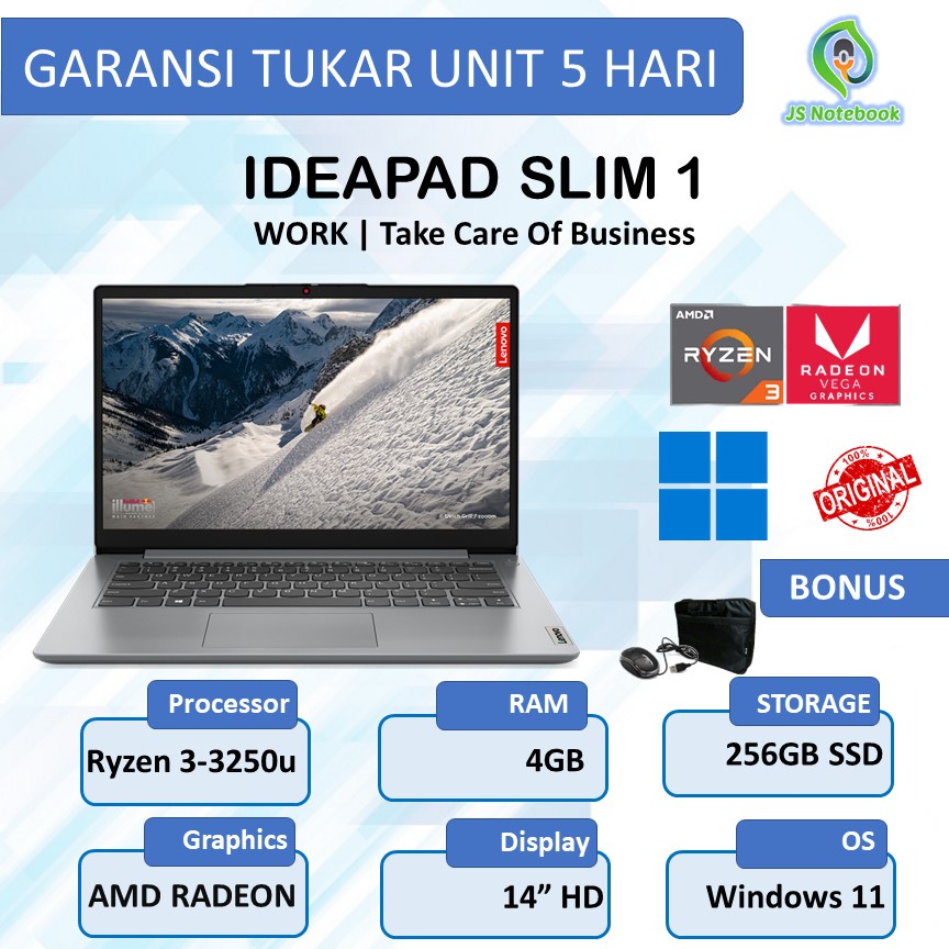 LENOVO IDEAPAD SLIM 1 AMD RYZEN 3-3250 4/8GB 256SSD WINDOWS11+OHS 14"HD-CLOUD GREY