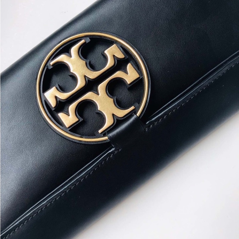 Tory Burch Clutch Hand Bag Black Gold Logo TB 062