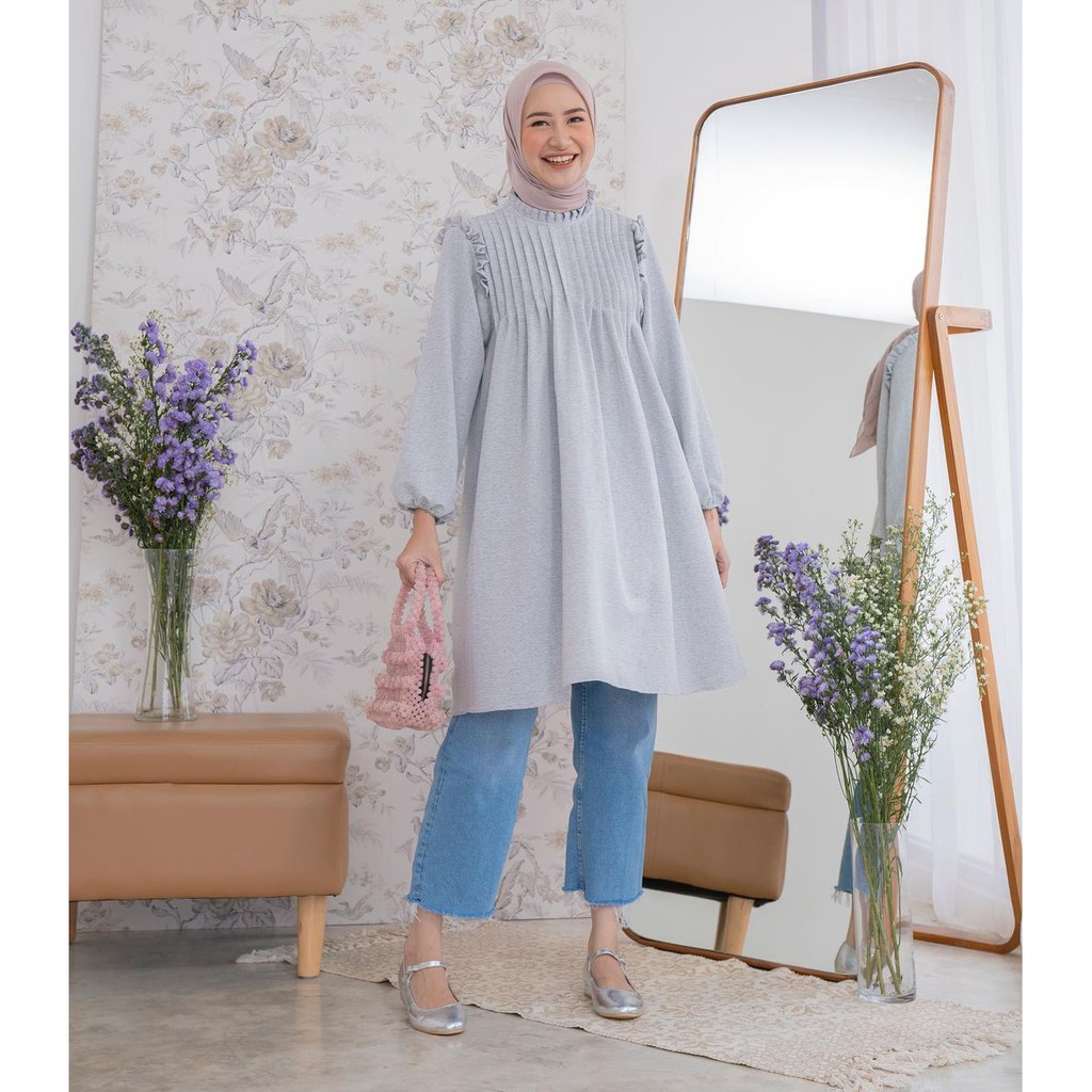 Tunik Atasan Wanita Haideeorlin Cassia Midi Soft Grey