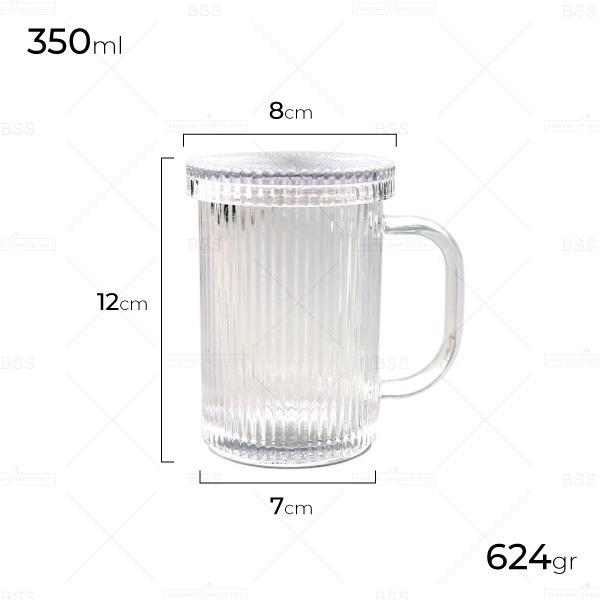 Mug Kaca Dengan Tutup Ripple Cangkir Gelas Minum Kaca 350ML Glass Kopi Jus Juice Teh Cantik Unik Pegangan