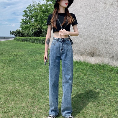 XIAOZHAINV Korean Style Jeans Wanita Retro Loose Highwaist Straight Jeans