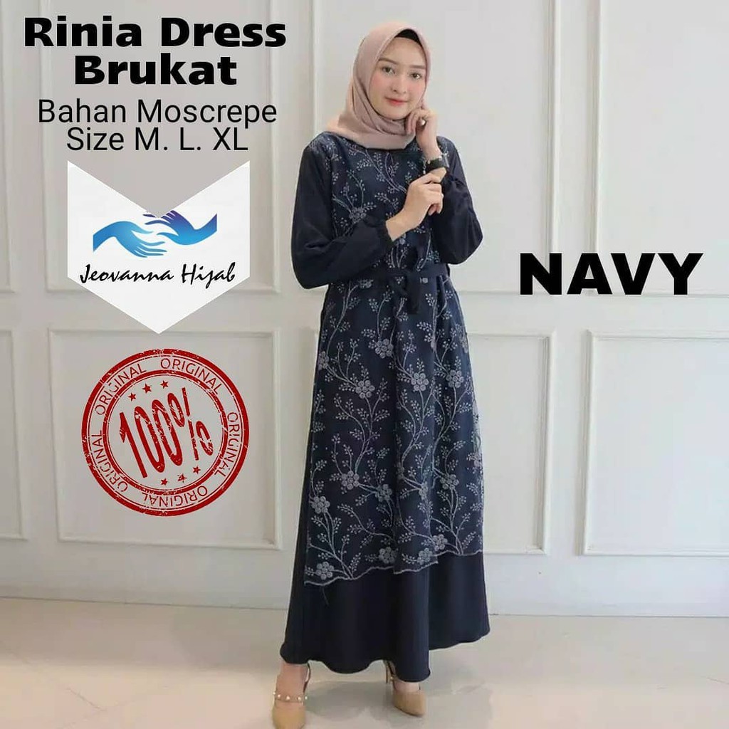 RINIA Pakaian Wanita Baju Gamis Terbaru Ukuran Jumbo Bahan Moscrepe-NAVY