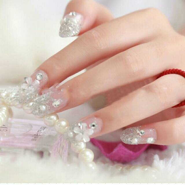 Wedding party fake nail Clear Rhinestone Flower kuku palsu 3D + LEM