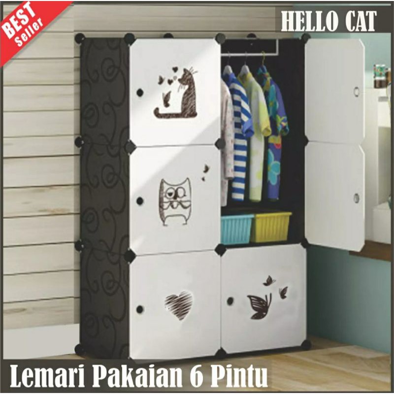 Lemari portable karakter hellokitty keropi doraemon, lemari kabinet 6 pintu, rak pakaian makassar