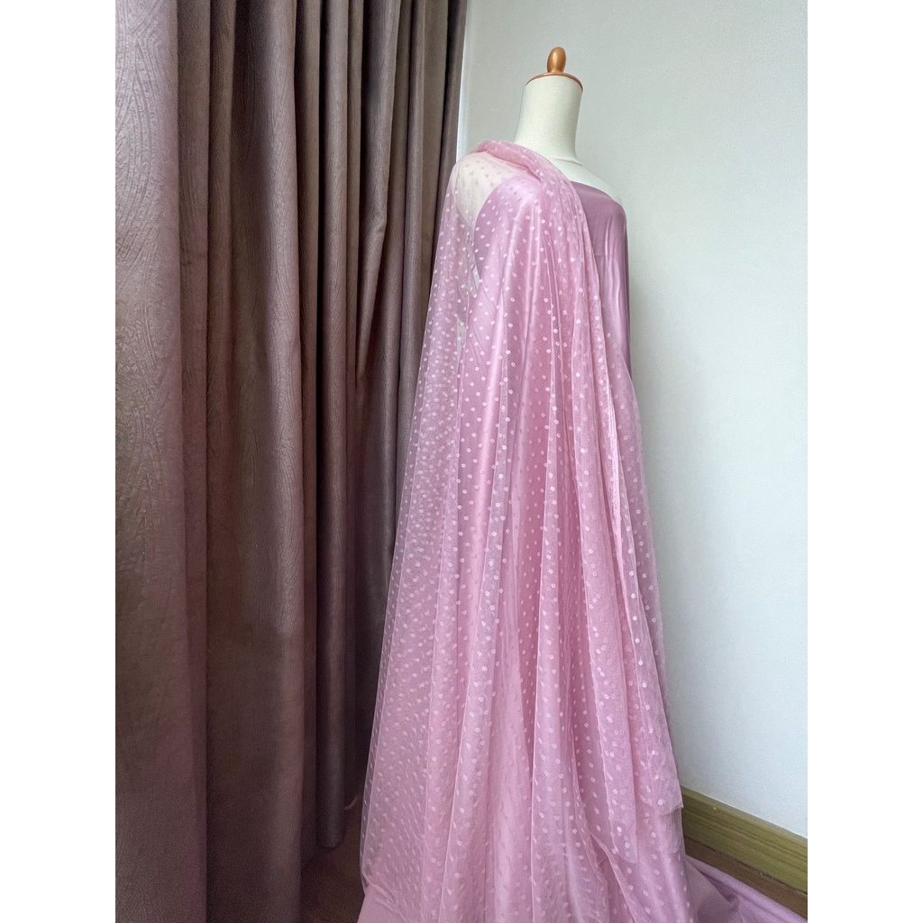 Bahan Kain Tile Tille Tule Tulle Dot Dotty Warna Dusty Pink Merah Muda