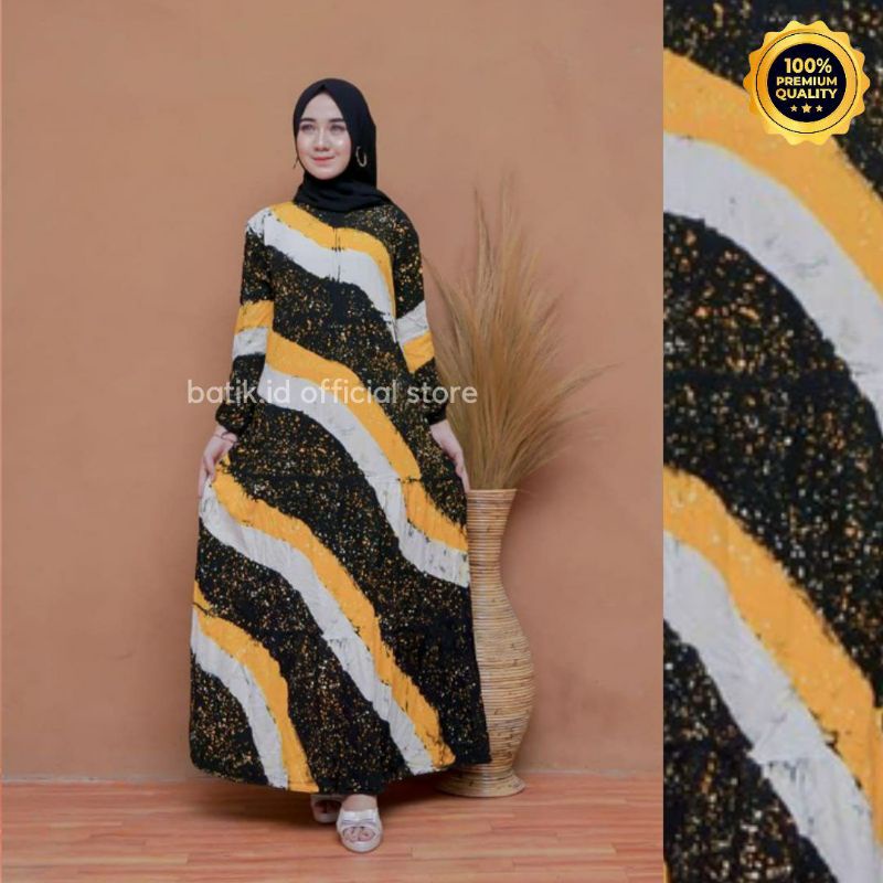 Gamis Twill Rayon Malaman Terbaru Kekinian Busui | Gamis Tiedye NEW-WAVES KECIL MUSTARD