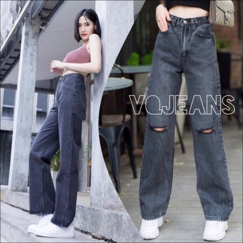 KULOT JEANS HIGH WAIST WANITA PREMIUM LOOSE SOBEK LUTUT BOYFRIEND SOBEK LUTUT