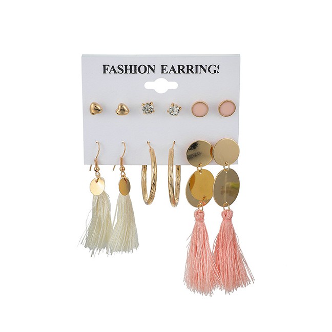 LRC Anting Tusuk Fashion Gold Alloy Diamond Diamond Gesture Tassel Earrings Set Of 6 F69223