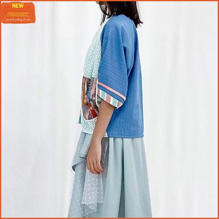 Oline Workrobe - Playfull Cowled Outer In Blue Stripe Black _Termurah