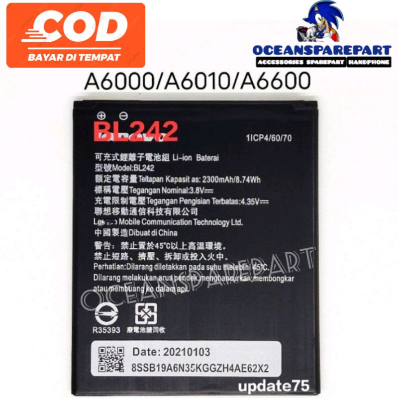 Baterai A6000 A6000 plus A6000+ A6010 A6600 A6600 Plus Vibe C a2020 BL242