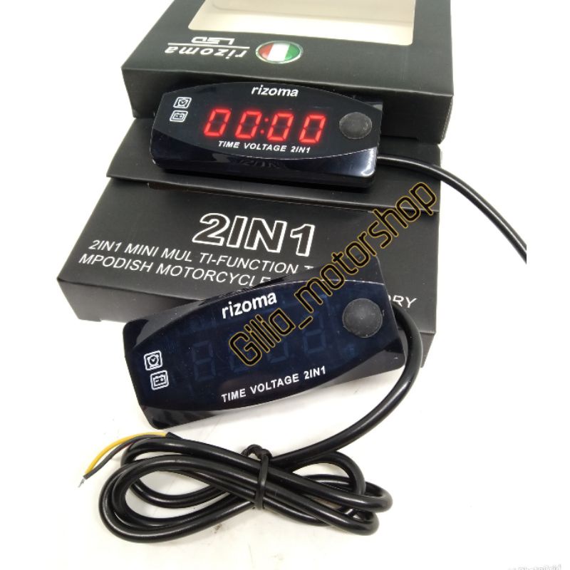 VoltMeter AKi Digital 2 IN 1 Rizoma Waterproof Volt Meter Digital  2 IN 1 Jam / VoltMeter Aki Rizoma