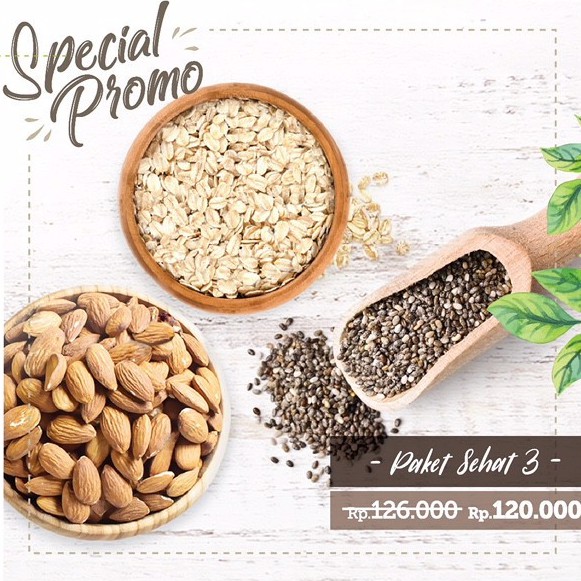 Paket Sehat 3 (500gr Rolled Oat, 250gr Organic Chia Seed, Roasted Almond)