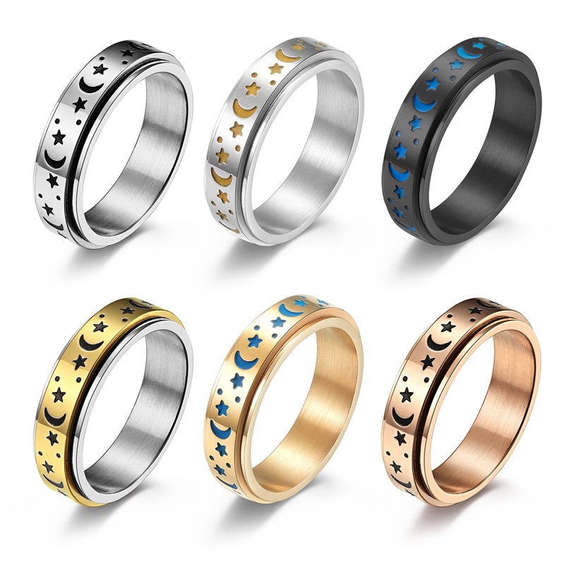 Cincin Desain Bulan Bintang Luminous Bahan Titanium Steel Untuk Pria Dan Wanita
