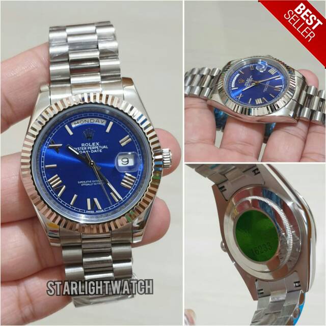 JAM TANGAN PRIA ROLEX DAY DATE AUTOMETIC SILVER BLUE DIAL