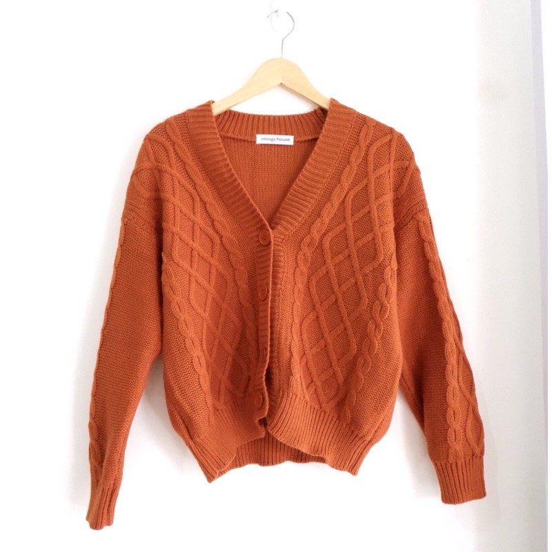 Vintage House Cross Crop Cardi (Cardigan Rajut Cable Wanita Korea / Korean Cardigan)-Pumpkin Orange