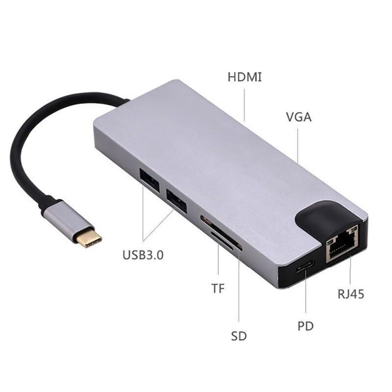 USB 3.1 Type C To 8in1 HDMI VGA USB3.0 PD/TF Type-C Lan RJ45 Adapter