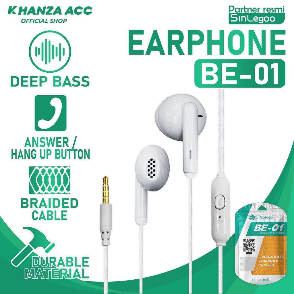 KHANZAACC SINLEGOO BE-01 Earphone Braided In Ear Bass Sound Mic Control Headset Murah