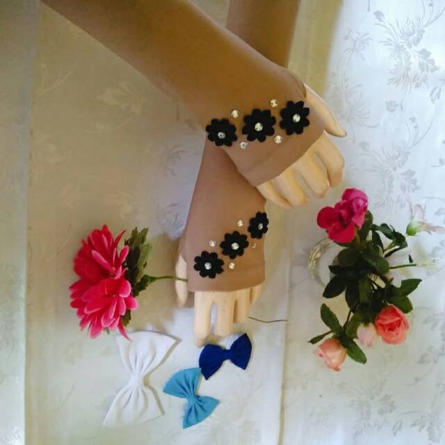 Handsock jempol flower hitam /manset tangan /handsock fingerless muslimah syari