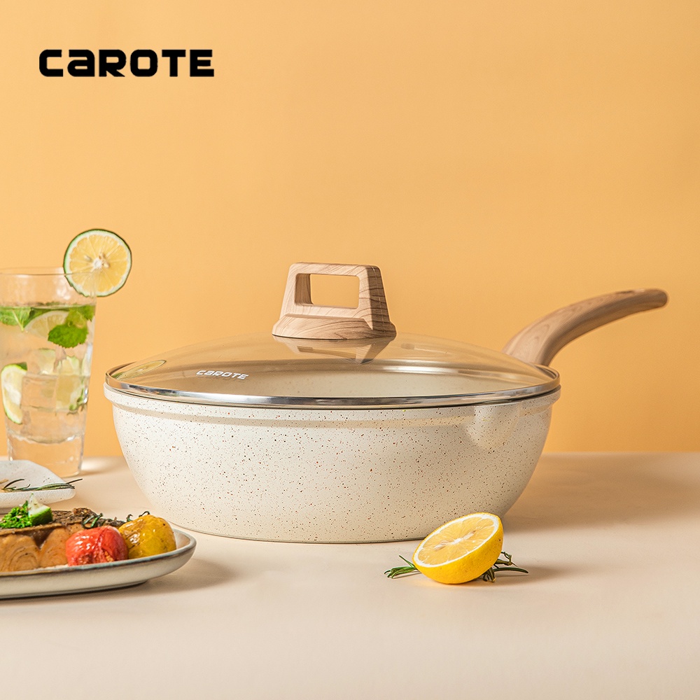 Carote Essential Woody White Ice Cream Deep Fry Pan Wok Pan 24/28 CM Wajan Penggorengan Besar  Lengk