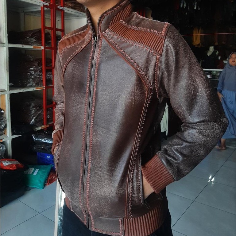 Jaket Kulit Domba Asli Pria Sulam Wast Elegant Brownie 033 Ariel Noah