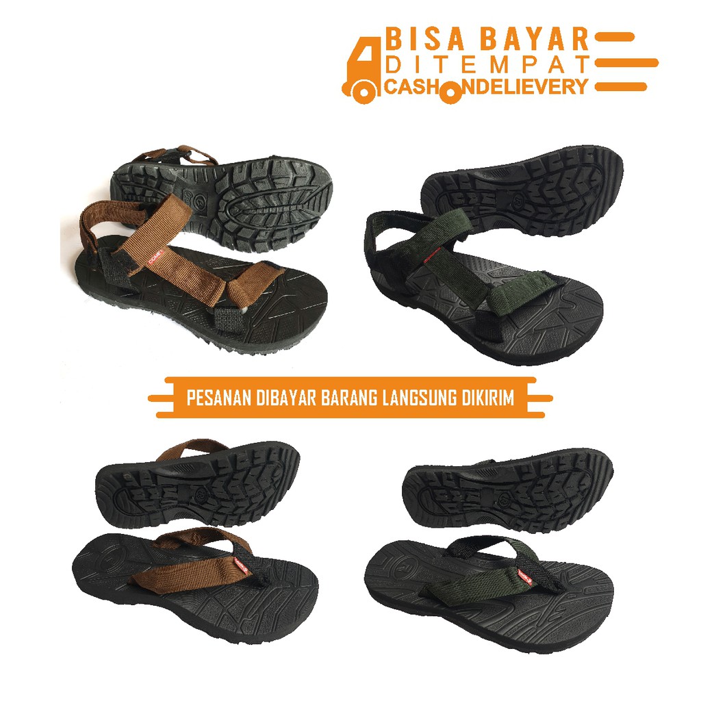 SANDAL GUNUNG SANDAL OUTDOOR SANDAL ADVENTURE LOOK UP JEPIT SLOP TALI COKLAT - ARMY