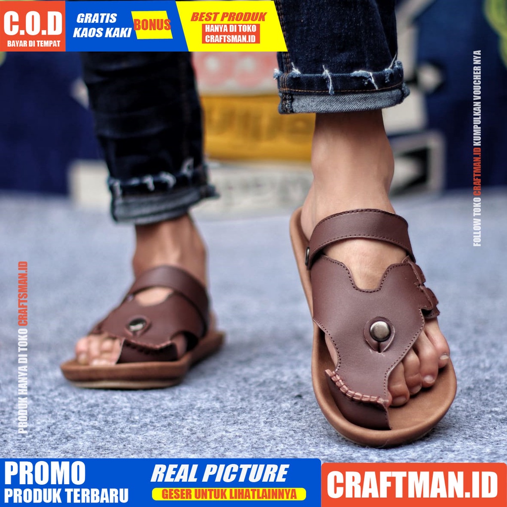 CRAFTS LUCKY SANDAL KULIT PRIA BLACK BROWN SENDAL CASUAL JEPIT PRIA