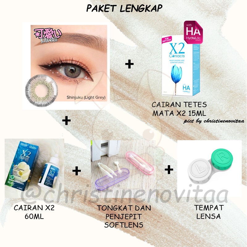 Paket Softlens Lengkap - Kawaii by Exoticon 14.5mm (Normal) + Cairan X2 60 ml + Pinset + Cairan Tetes Mata X2 15 ml