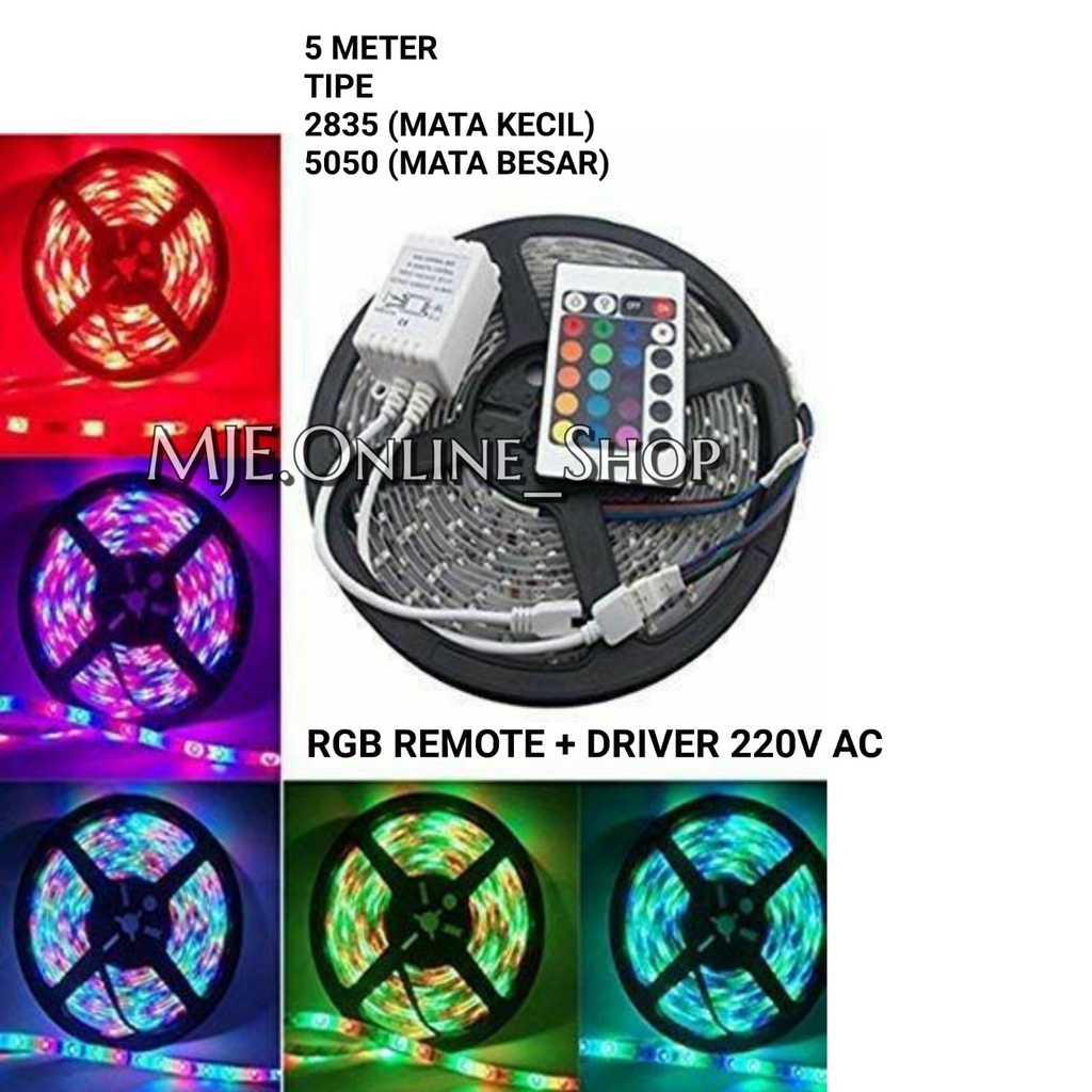 LAMPU LED STRIP 5 METER 2835 / 5050 RGB WATERPROF REMOTE ADAPTOR 220V