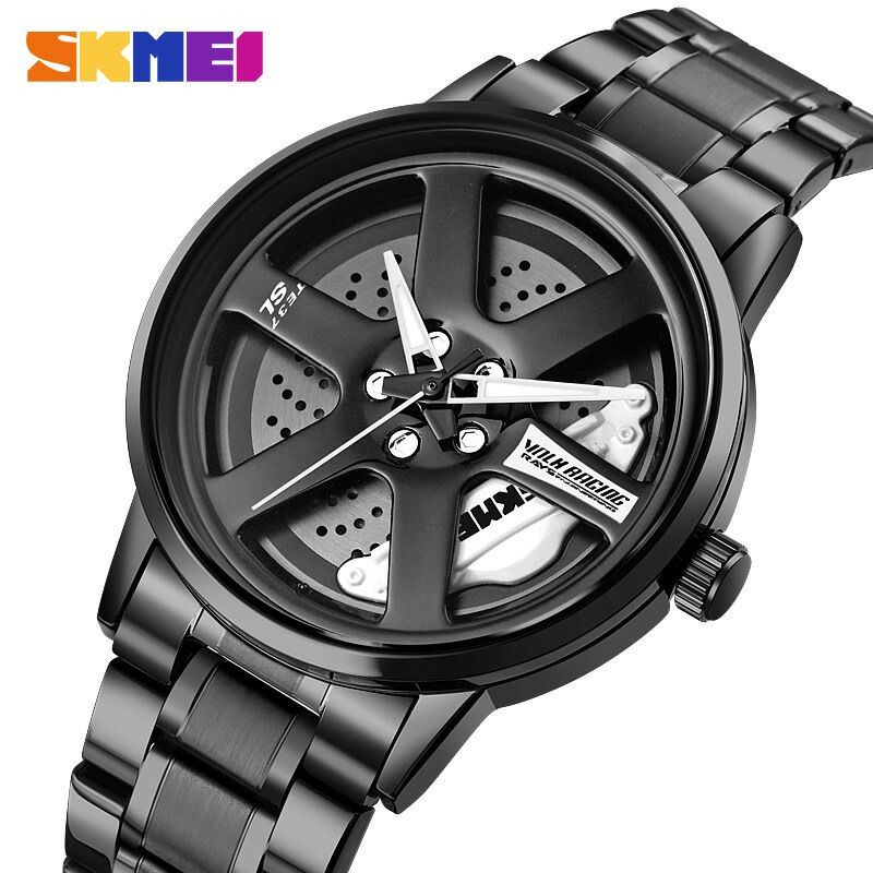 Jam Tangan Unik Shake Rotation Velg Analog Pria Stainless Steel Strap - Black