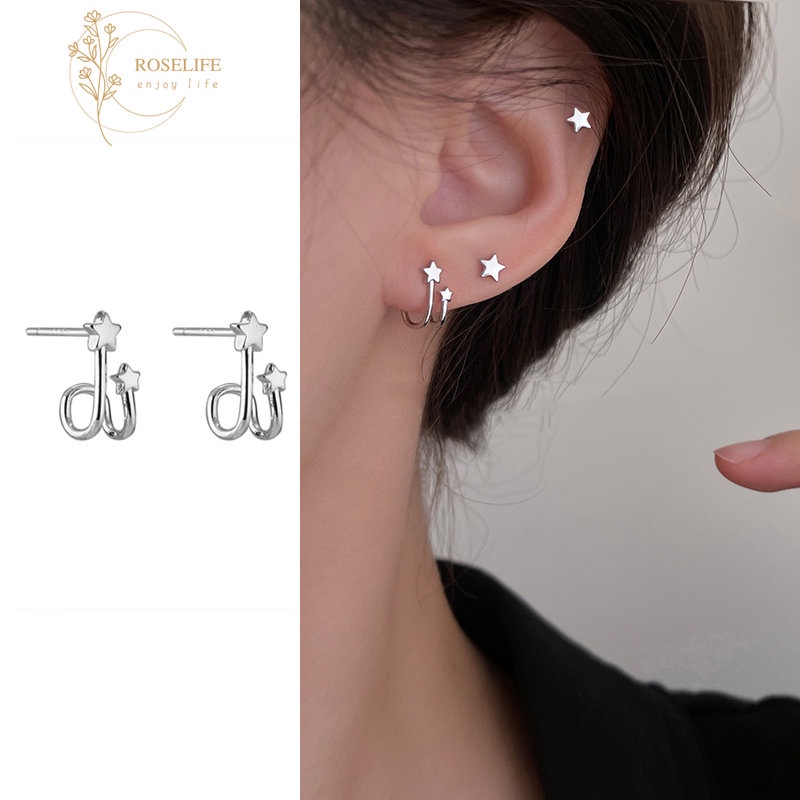 Roselife 1 Pasang Anting Tusuk Bentuk Bintang C Warna Silver Untuk Wanita