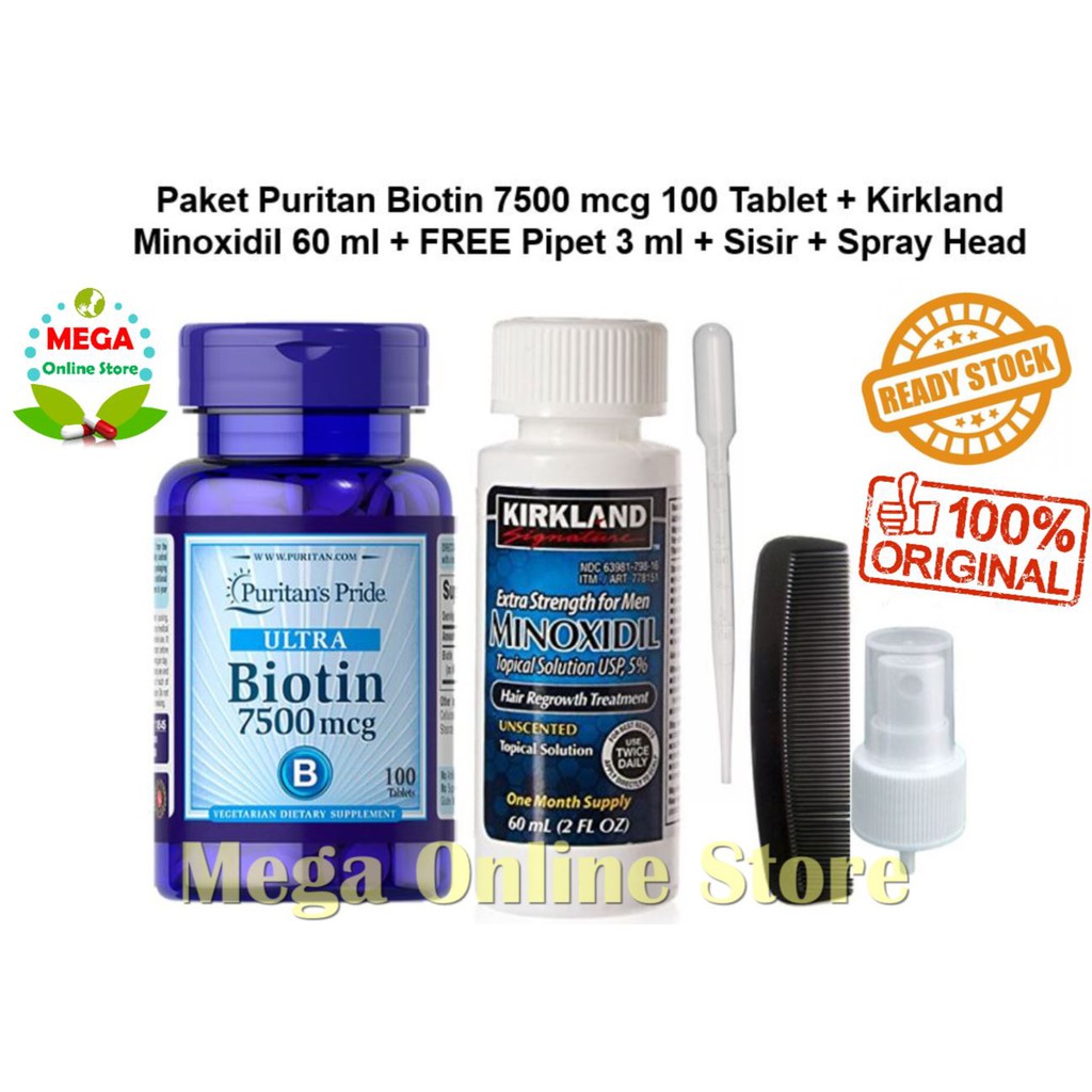 Paket Kirkland Minoxidil 60 ml + Puritan Biotin 7500 mcg 100 Tablet